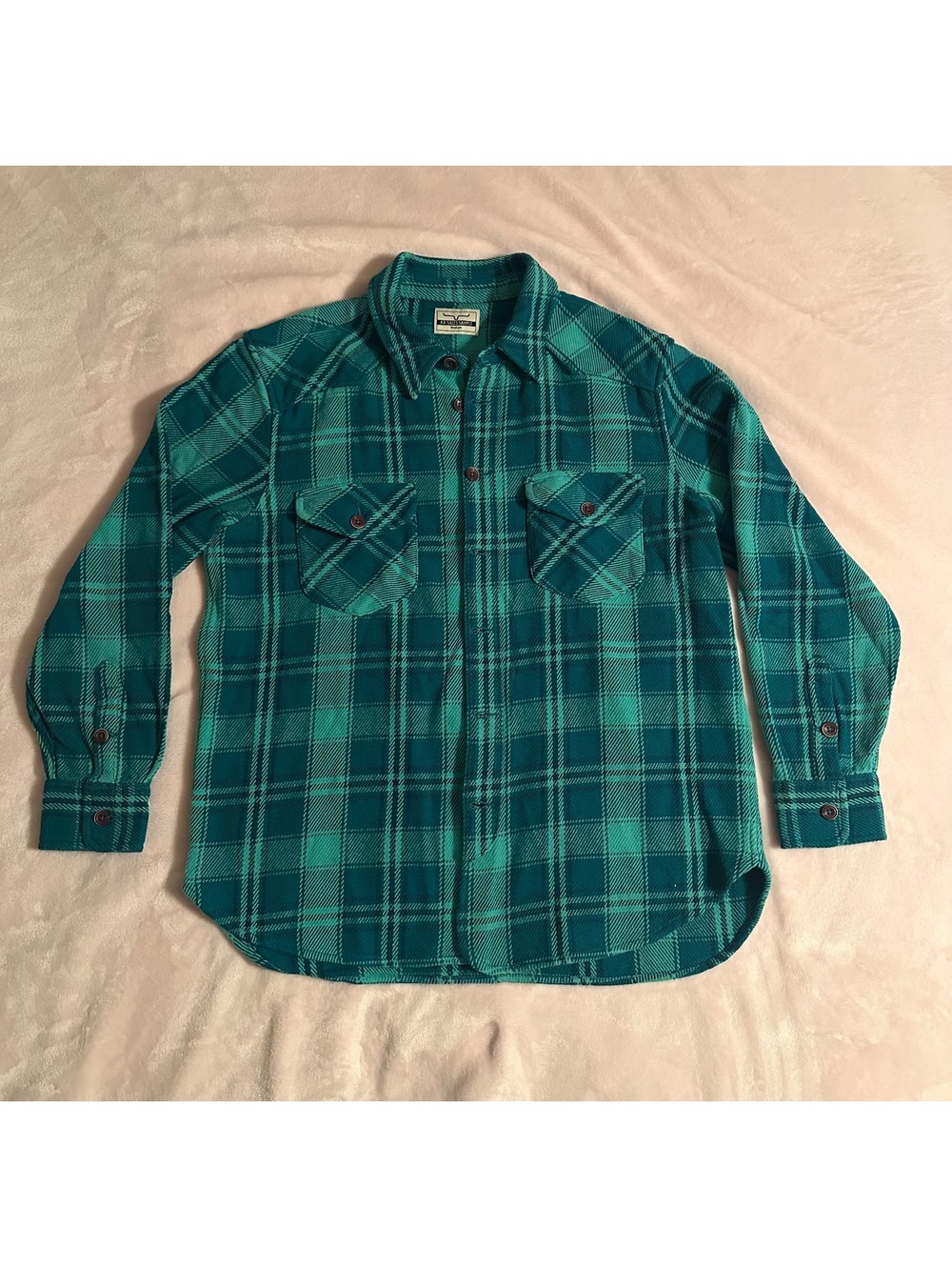 Kimes Ranch Plaid Flannel Button Down Shirt Mens Medium Green Teal Sales Sample